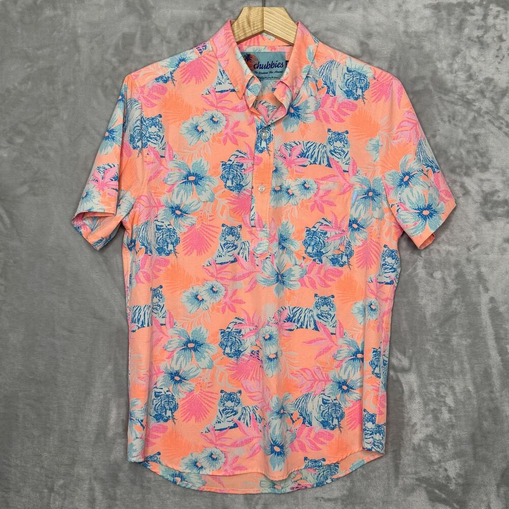 Chubbies Shirt Mens Small Orange Tiger Tropical Hawaiian Stretch Short Sleeve